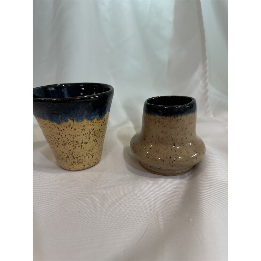 Art Pottery 2‎ Vase Blue Brown Speckled Drip Glaze Stoneware Handmade Signed